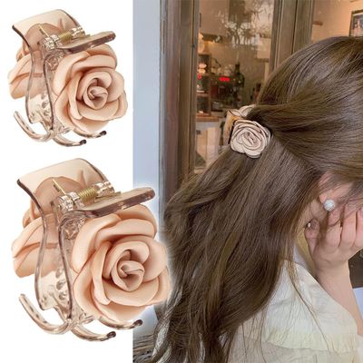 Agirlvct 3 Pack Hair Clip Small, 1.61 Inch Flower Hair Claw Clips for High Ponytail, Shark Rose Hair Clips Travel Beach Birthday Day Gift for Girl Friend Thick Thin Long Hair(Champagne)