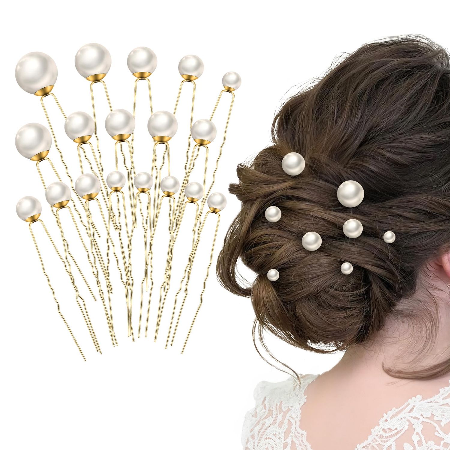 Dayofun 18 Pieces Wedding Pearl Hair Pins, U Pearl Shaped Hair Accessories for Brides Bridesmaids Women, Gold