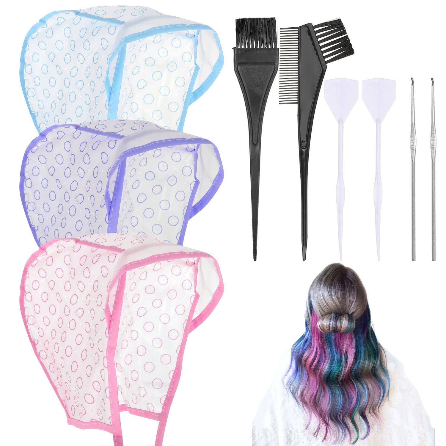 Bewudy 3 Pcs Hair Highlighting Caps, Highlighting Kit, Highlight Cap with Hooks, Highlight Hair Coloring Frosting Dye Kit for Salon Hair Dyeing Hairdressing