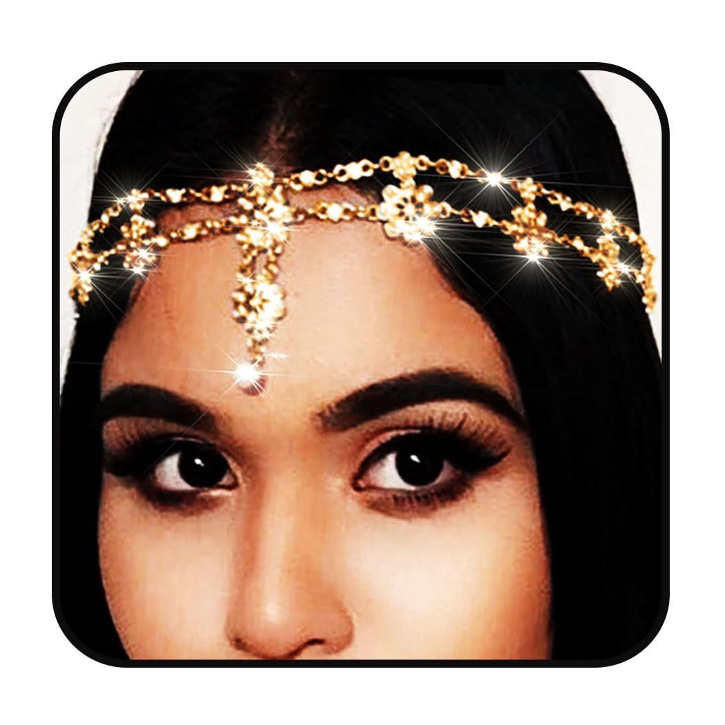 Yalice Indian Flower Head Chain Jewelry Gold Crystal Headband Elastic Goddess Headpieces Rhinestone Wedding Hair Chain Jewelry for Women(Gold-1)