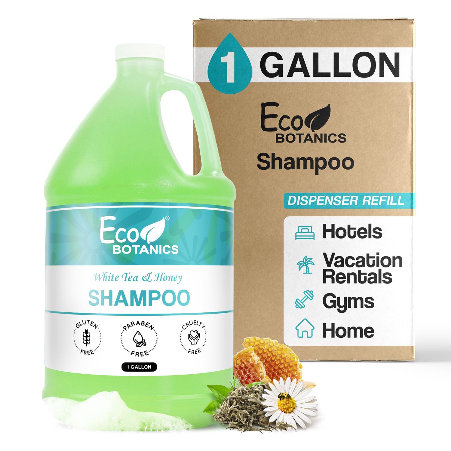 1-Shoppe Terra Pure Eco Botanics Natural Shampoo with Raw Honey &amp; White Tea | Gallon Jug Bulk Toiletries for Airbnb, Vacation Rentals, and Home Bathroom | Refill for Soap Dispensers