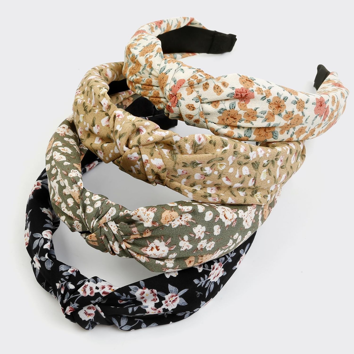 Huachi Headbands for Women and Girls, 4 Packs Fashion Flower Printed Knotted Head Bands for Women s Hair, Non Slip Boho Wide Thick Top Knot Hairbands, Womens Trendy Hair Accessories