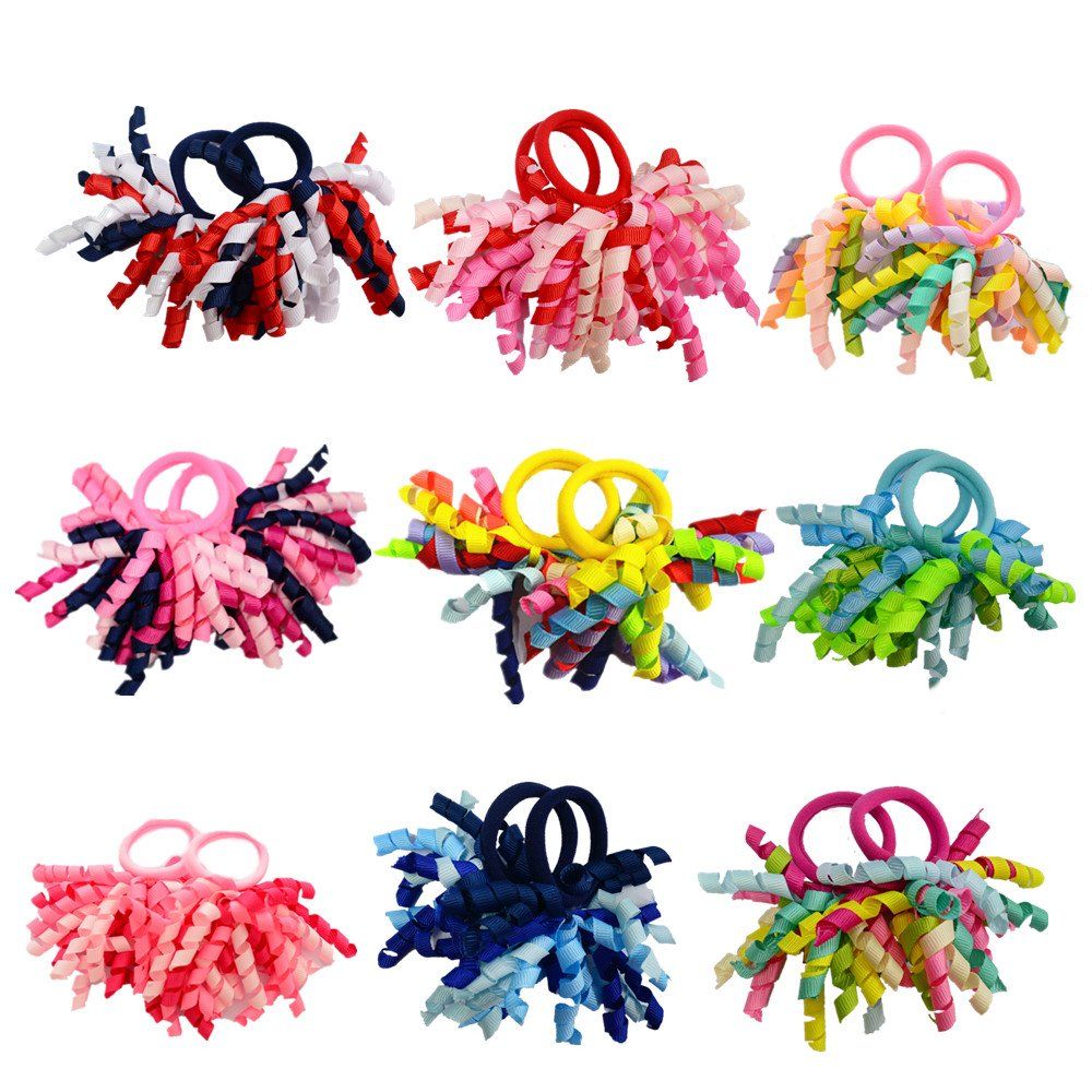 Pack of 18 Mix Color Boutique Girls&#39; Curly Korker Bow Hair Ties