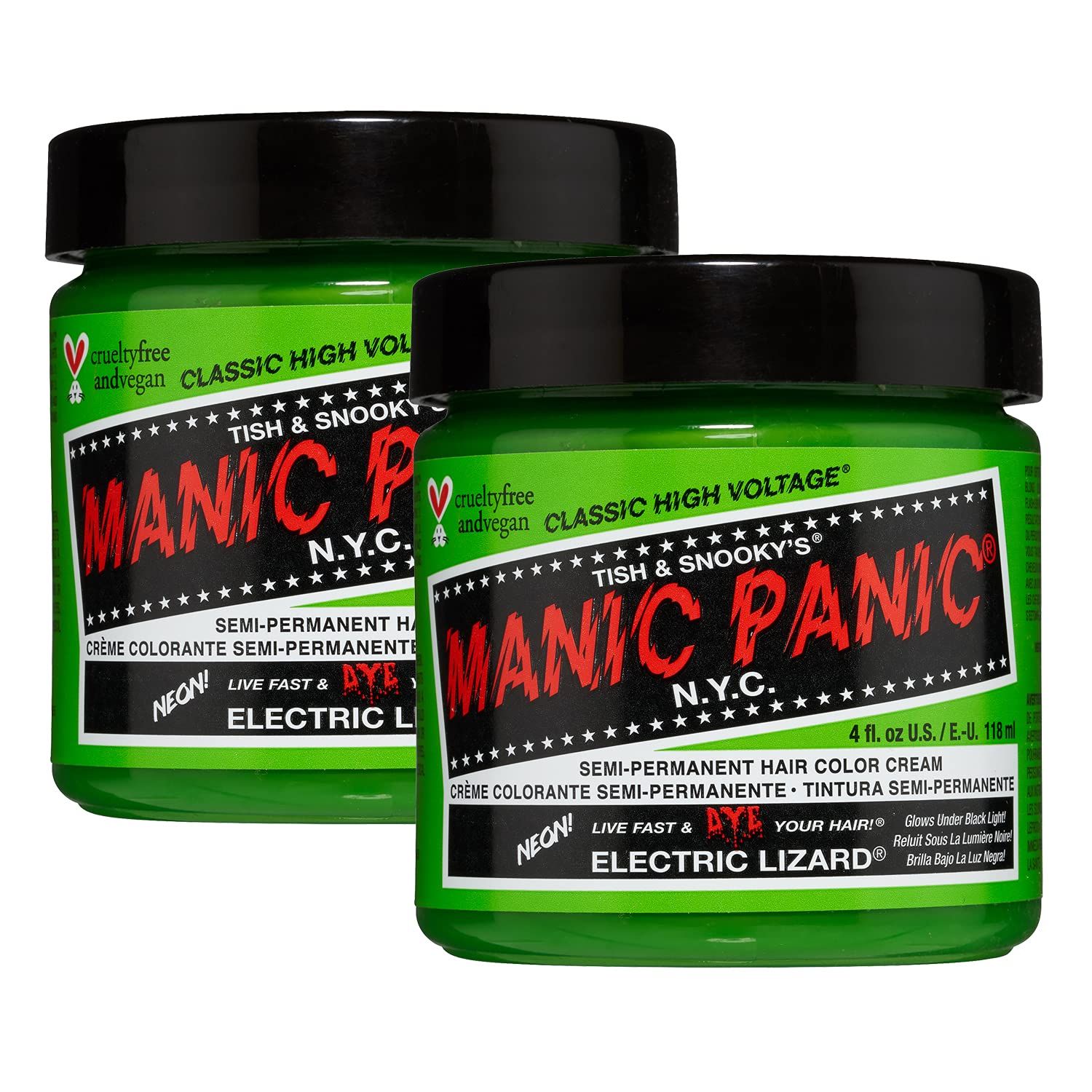 MANIC PANIC Classic Electric Lizard Semi Permanent Hair Color - Bright Neon Green Hair Dye for Women &amp; Men That Lasts 4-6 Weeks - Vegan, Ammonia &amp; Cruelty-Free - Create &amp; Mix Custom Shades (4oz / 2pk)