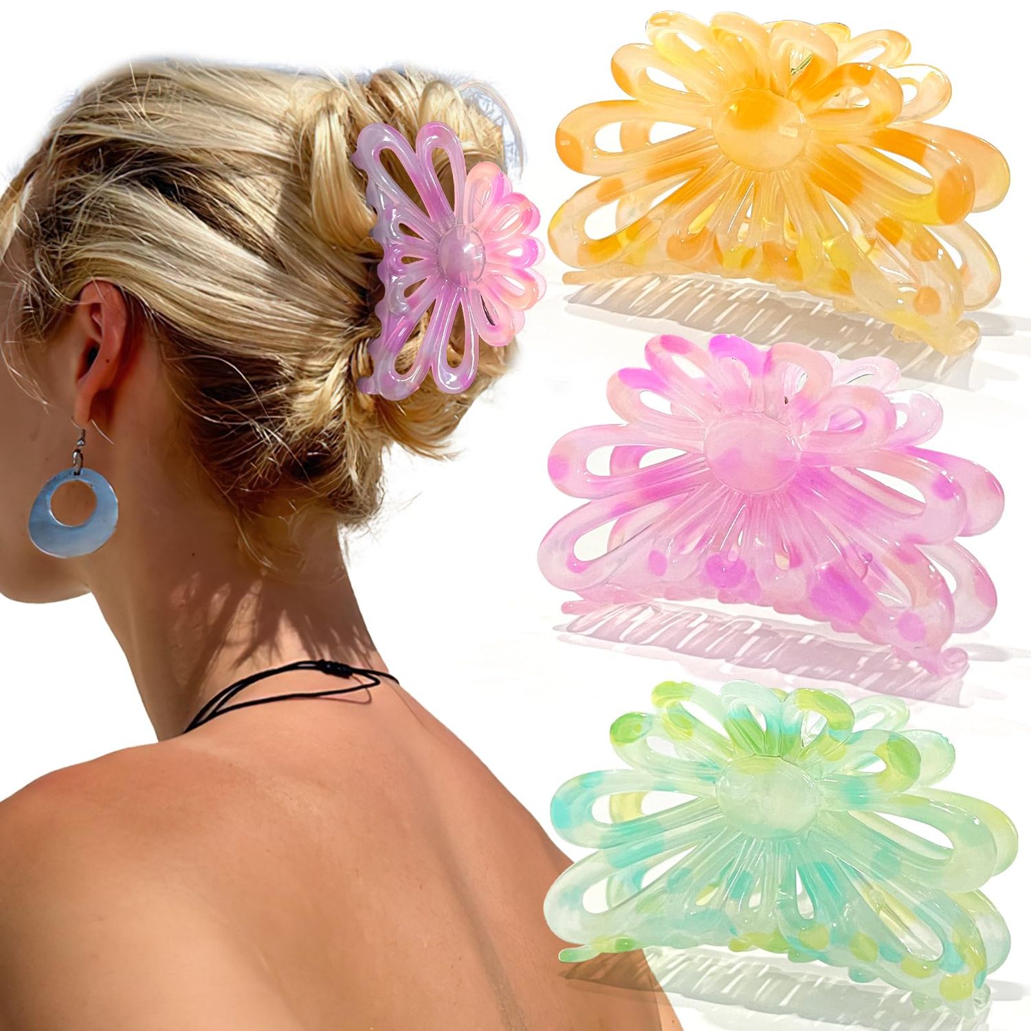 GQLV Flower Hair Claw Clips for Women/Girls, 3PCS 3.1&quot; Big Cute Clips for Thick/Thin Fine Hair, Nonslip Strong Hold Hair Styling Accessories (A-colorful)