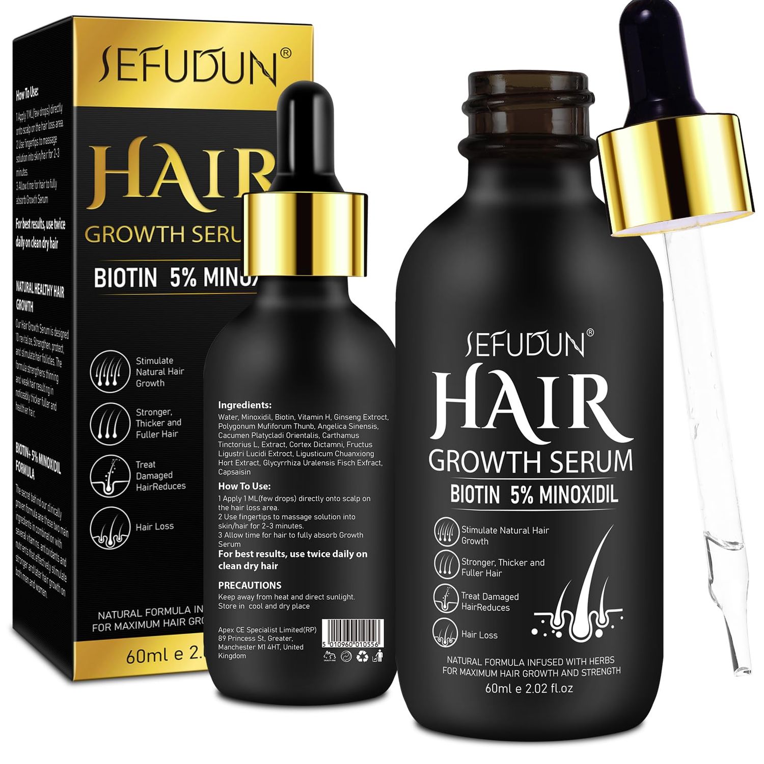 2Pack 5% Minoxidil for Men and Women Hair Growth Serum, Biotin Infused Hair Regrowth Treatment for Beard &amp; Scalp Hair Loss &amp; Thinning, Promotes Thicker, Fuller, Healthier Hair - 4.04 oz