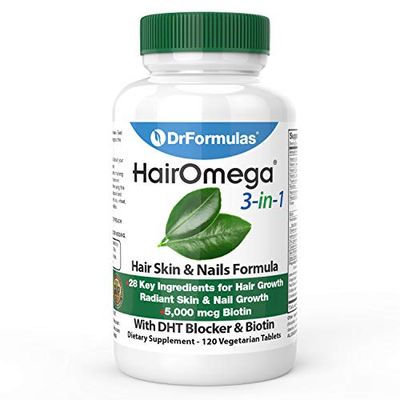 DrFormulas HairOmega 3-in-1 Hair Growth Vitamins with DHT Blocker, Biotin for Women &amp; Men | Hair Skin and Nails Supplement for Hair Loss, 120 Pills