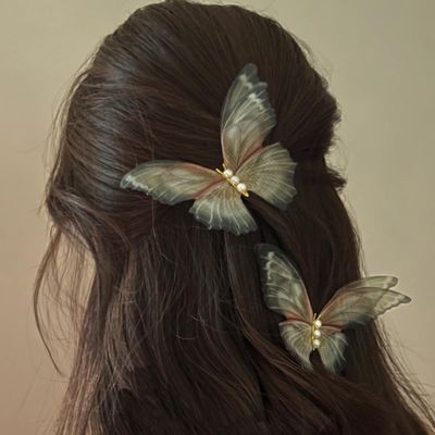 Jumwrit 2pcs Boho Big Pearl Green Butterfly Hair Barrette 3D Moving Wings Hair Clips Strong Hold Fairy Hairpin Accessories for Women Girls