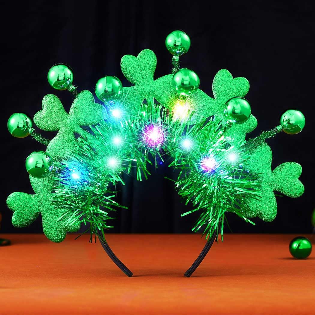 CAKURE Light Up St Patricks Day Headband LED Shamrock Headpiece Green Ball Hair Band Parade Costume Headwear Irish Day Hair Accessories for Women and Girls