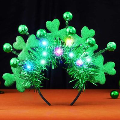 CAKURE Light Up St Patricks Day Headband LED Shamrock Headpiece Green Ball Hair Band Parade Costume Headwear Irish Day Hair Accessories for Women and Girls