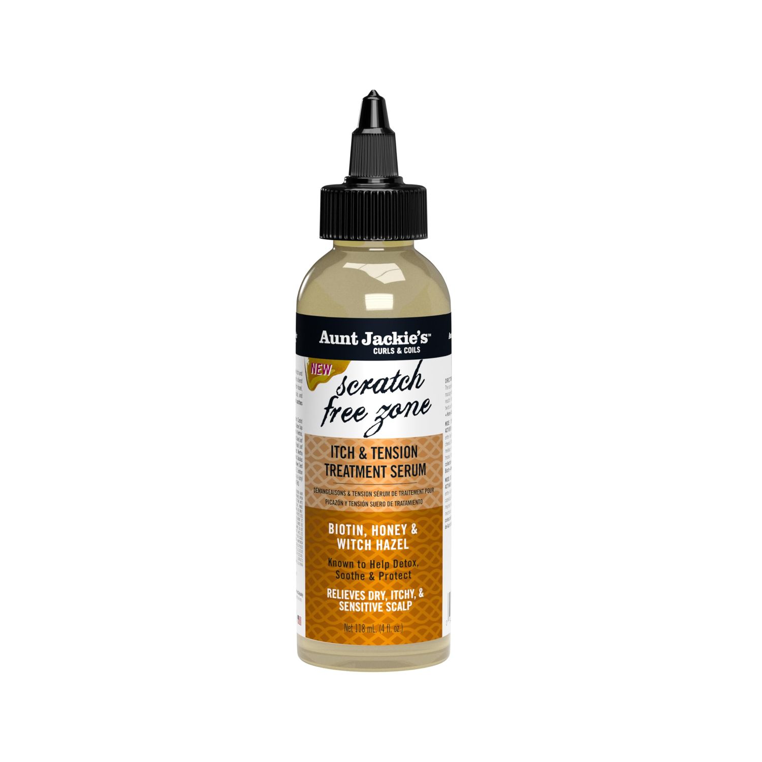 Aunt Jackie&#39;s Braid + Twist Collection Scratch Free Zone Itch &amp; Tension Treatment Serum - Relieve Dry, Itchy Scalp with Witch Hazel, Biotin, and Honey - 4 fl oz
