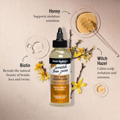 Aunt Jackie's Braid + Twist Collection Scratch Free Zone Itch & Tension Treatment Serum - Relieve Dry, Itchy Scalp with Witch Hazel, Biotin, and Honey - 4 fl oz