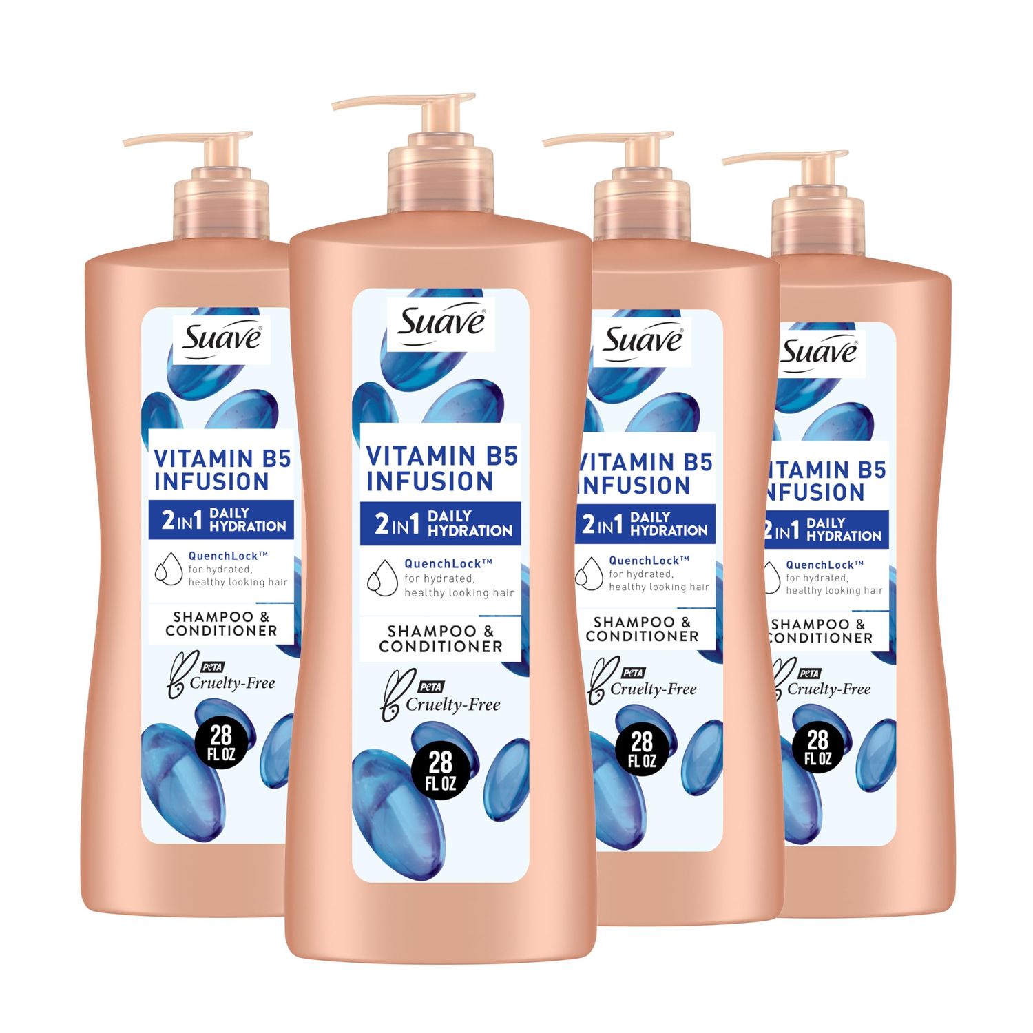 Suave 2-in-1 Moisture Shampoo &amp; Conditioner with Vitamin B5 Infusion and pH Balanced Salon Formula, Anti-Frizz Cleansing for Dry Hair, 28 Oz (Pack of 4)