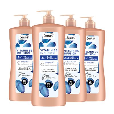 Suave 2-in-1 Moisture Shampoo &amp; Conditioner with Vitamin B5 Infusion and pH Balanced Salon Formula, Anti-Frizz Cleansing for Dry Hair, 28 Oz (Pack of 4)