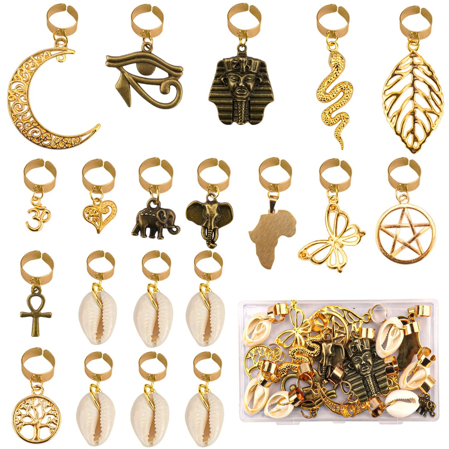 Messen 20 PCS Locs Hair Jewelry Braids Hair Clips Adjustable Hair Cuffs 15 Styles Vintage African Pendant Hair Charms Butterfly Shell DIY Locs Hair Accessories (Bronze and Gold)