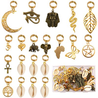 Messen 20 PCS Locs Hair Jewelry Braids Hair Clips Adjustable Hair Cuffs 15 Styles Vintage African Pendant Hair Charms Butterfly Shell DIY Locs Hair Accessories (Bronze and Gold)