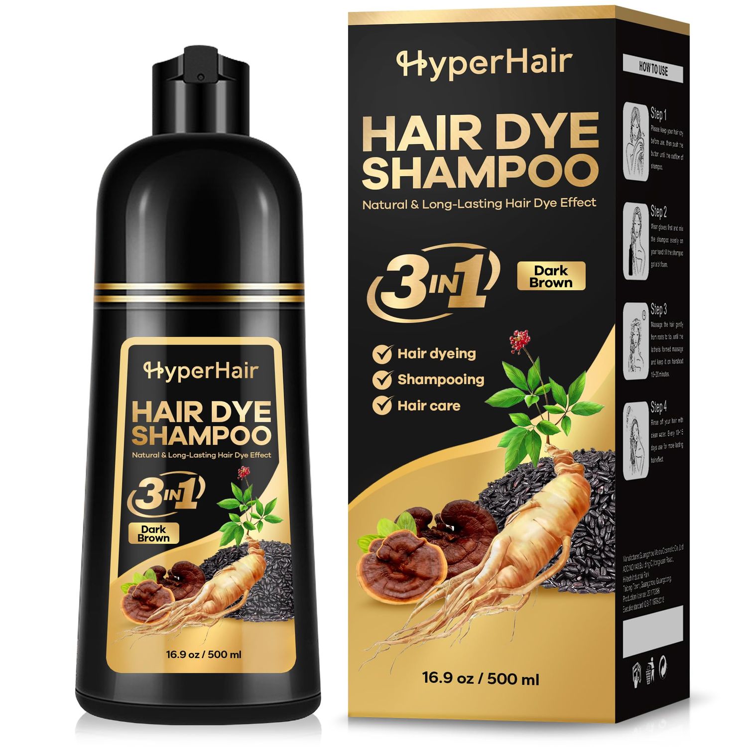 HyperHair Dark Brown Hair Dye Shampoo, Shampoo for Color Treated Hair, Hair Dye Shampoo 3 In 1, Hair Dye, Shampoo for Gray Hair for Women &amp; Men, Long Lasting &amp; Coverage