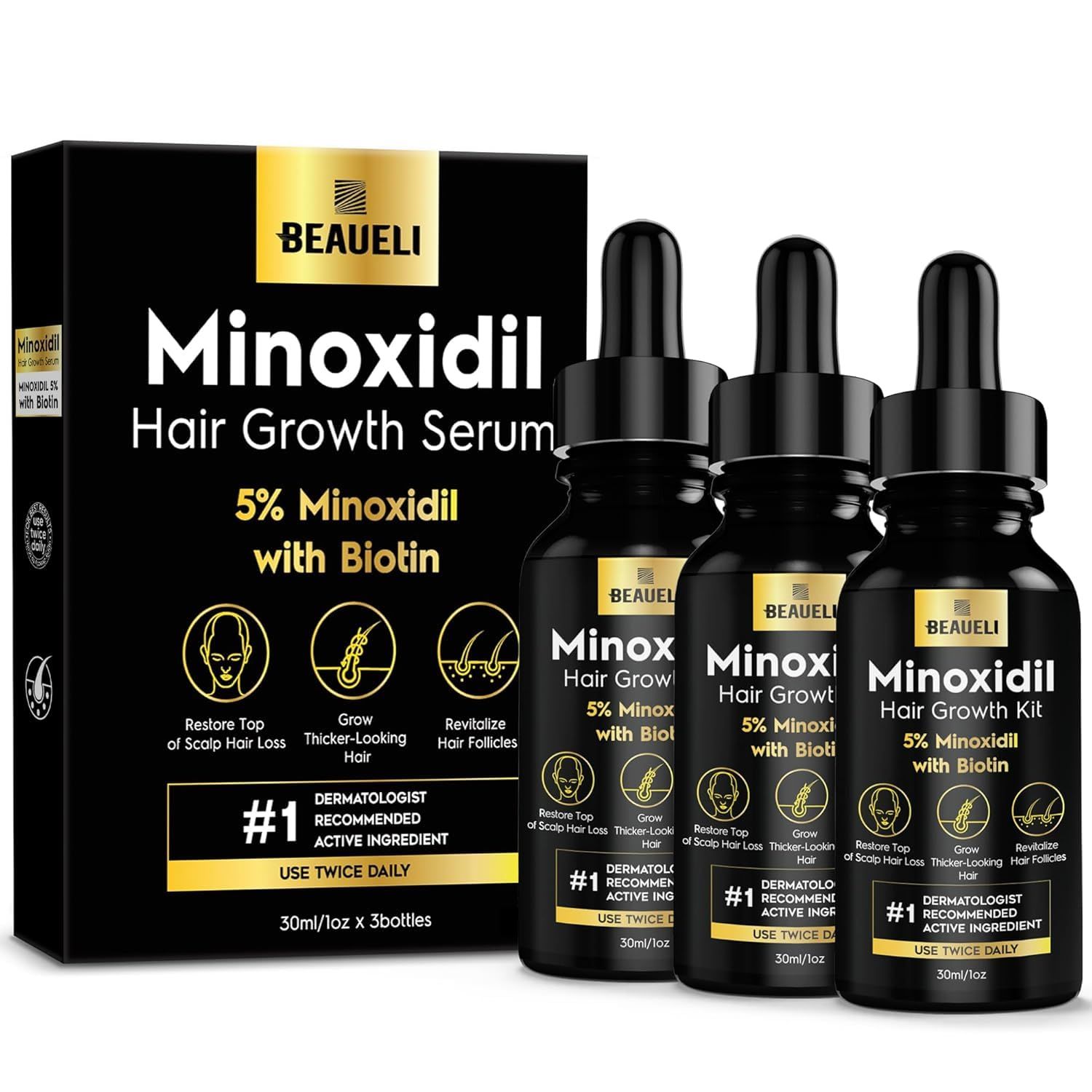 5% Minoxidil for Men Hair, Minoxidil for Women Hair Growth, Hair Growth Oil, Extra Strength Minoxidil Hair Loss Treatment Serum for Faster Stronger Thicker Hair Growth 1oz, 3 Bottles