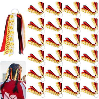24 Pcs Softball Hair Ties, Softball Hair Accessories for Girls, Softball Ribbon, Holder Streamer Elastics, Softball Scrunchies for Girls Softball Accessories Ponytail Holder Scrunchies for Girls Gifts