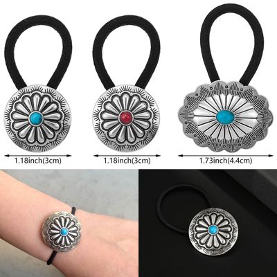 6 Pcs Western Ponytail Holders Metal Boho Hair Ties Flower Circular Hair Ropes Vintage Turquoise Concho Squash Blossom Hair Bands Decoration Accessories for Women Girls