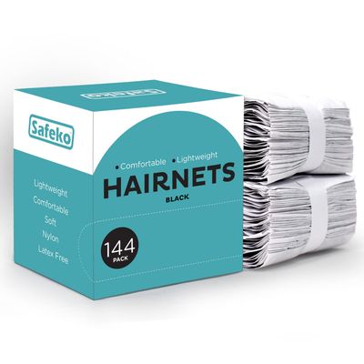 SAFEKO Hair Nets 144 PCS, Individually Wrapped, Lightweight Nylon Hairnets, Latex-Free | Black, Large (24&quot;)