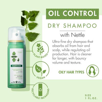 Klorane Dry Shampoo with Nettle for Oily Hair and Scalp, Regulates Oil Production, Paraben &amp; Sulfate-Free, Travel Size, 1 oz.