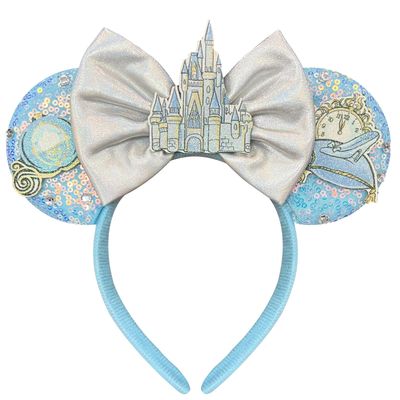 Bolonar Hairband for Women Adult Blue Sequin Mouse Ears Headband with Castle Bows for Park Ears