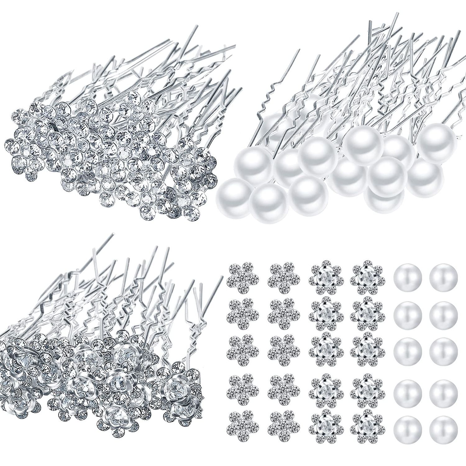 60 Pieces Bridal Wedding Hair Pins Pearl U Shape Rhinestone Bridal Rhinestones Accessories for Women