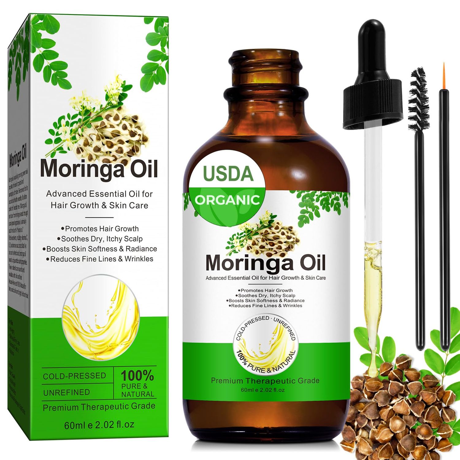 Moringa Oil for Hair 2.02 fl.oz, 100% Natural Premium Organic Cold-Pressed Glass Bottle Moringa Oil, Moringa Seed Oil for Face, Hair &amp; Body Care, Anti-Aging, Nourish Hair, Scalp &amp; Body Massage