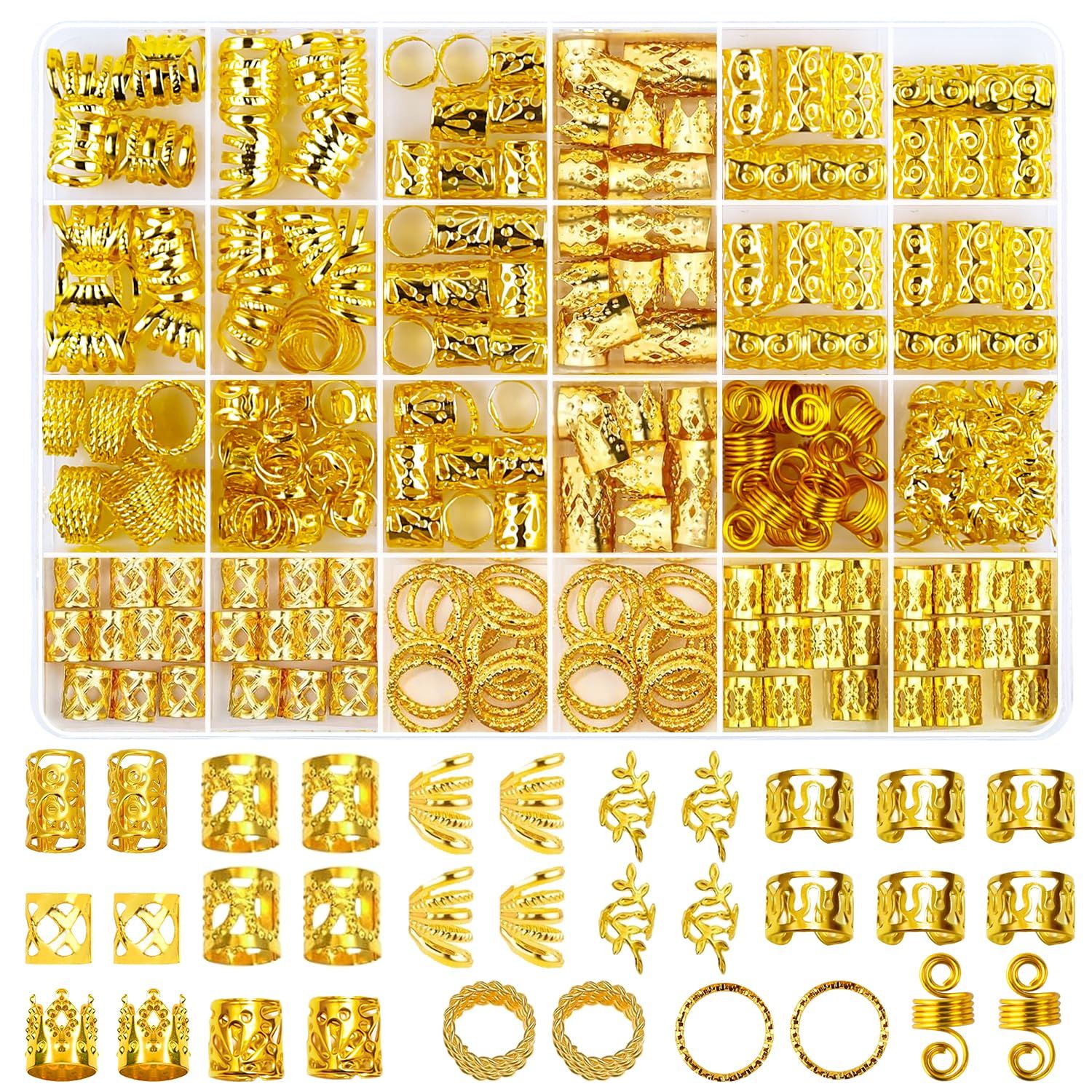 Belinreli 280 Pcs Hair Jewelry for Braids, Gold Loc Jewelry for Hair Dreadlocks Braid Jewelry Accessories Metal Hair Rings for Braids Cuffs Braid Clips Jewelry Decorations for Women Men Unisex