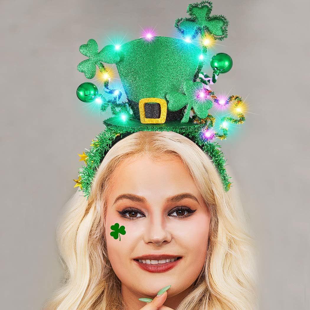 CAKURE Light Up St Patricks Day Headband Hat LED Shamrock Headpiece Green Hair Accessories Party Costume Headwear Irish Day Hair Accessories for Women and Girls