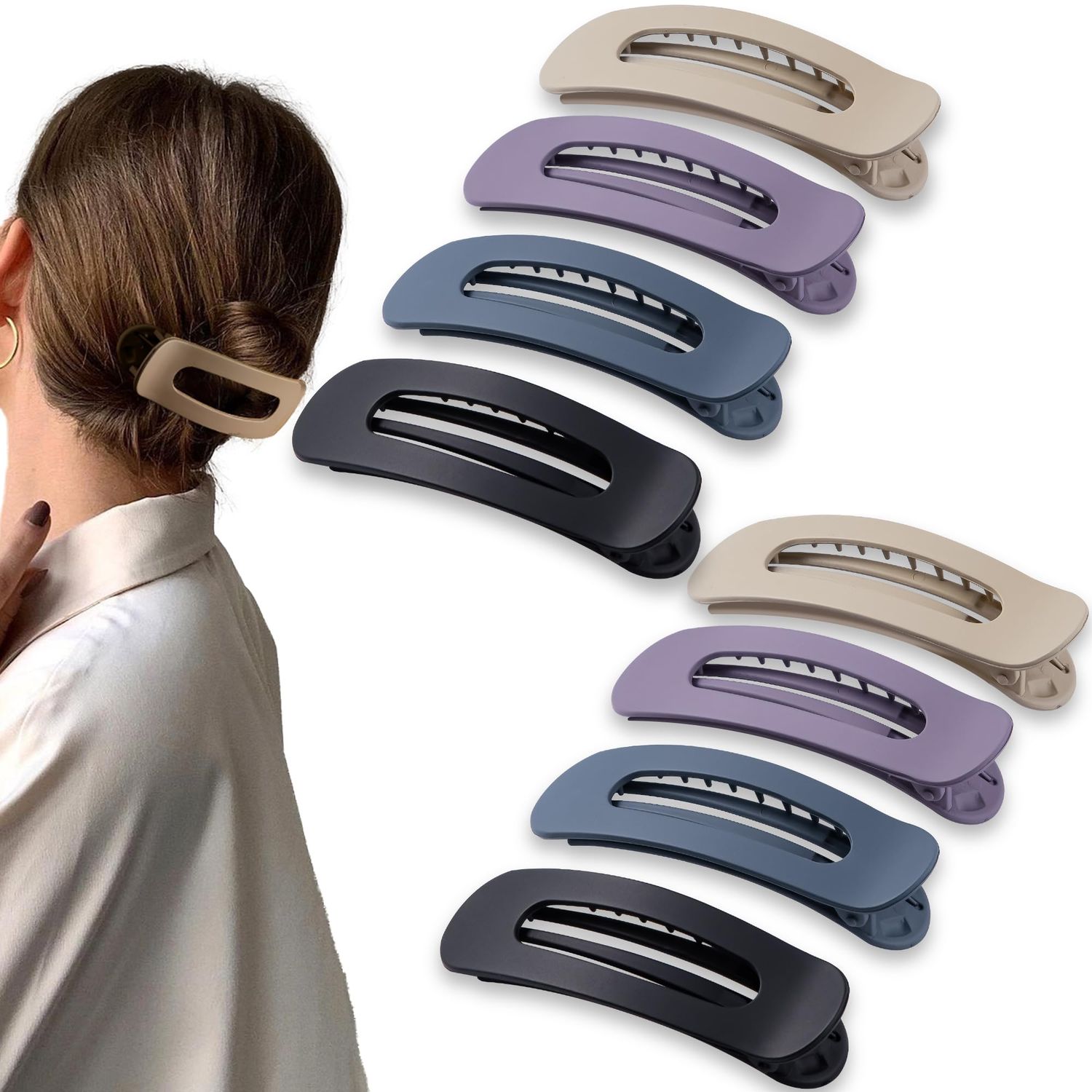 Cptots 8 Pcs Large Lay Flat Claw Clips for Women French Side Slide Barrettes for Thick Thin Hair Rectangle Alligator Hair Accessories,Khaki Purple Blue Black
