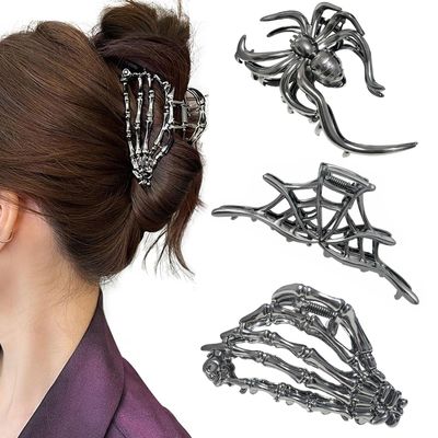 Parcce 3 Pieces Large Metal Spider Net Hand Hair Claw Clips for Women and Girls Thick Long Hair, Nonslip Skeleton Spooky Barrette Headband Hair Styling Accessories for Halloween Christmas Gifts