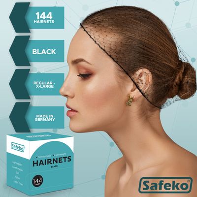 SAFEKO Hair Nets 144 PCS, Individually Wrapped, Lightweight Nylon Hairnets, Latex-Free | Black, Large (24")
