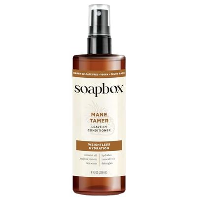 Soapbox Mane Tamer, Leave-In Conditioner Spray to Tame Frizz, Smooth Fly Aways, Hydrate, Add Shine &amp; Detangle Dry, Damaged Hair, Paraben Free, Vegan (8oz)