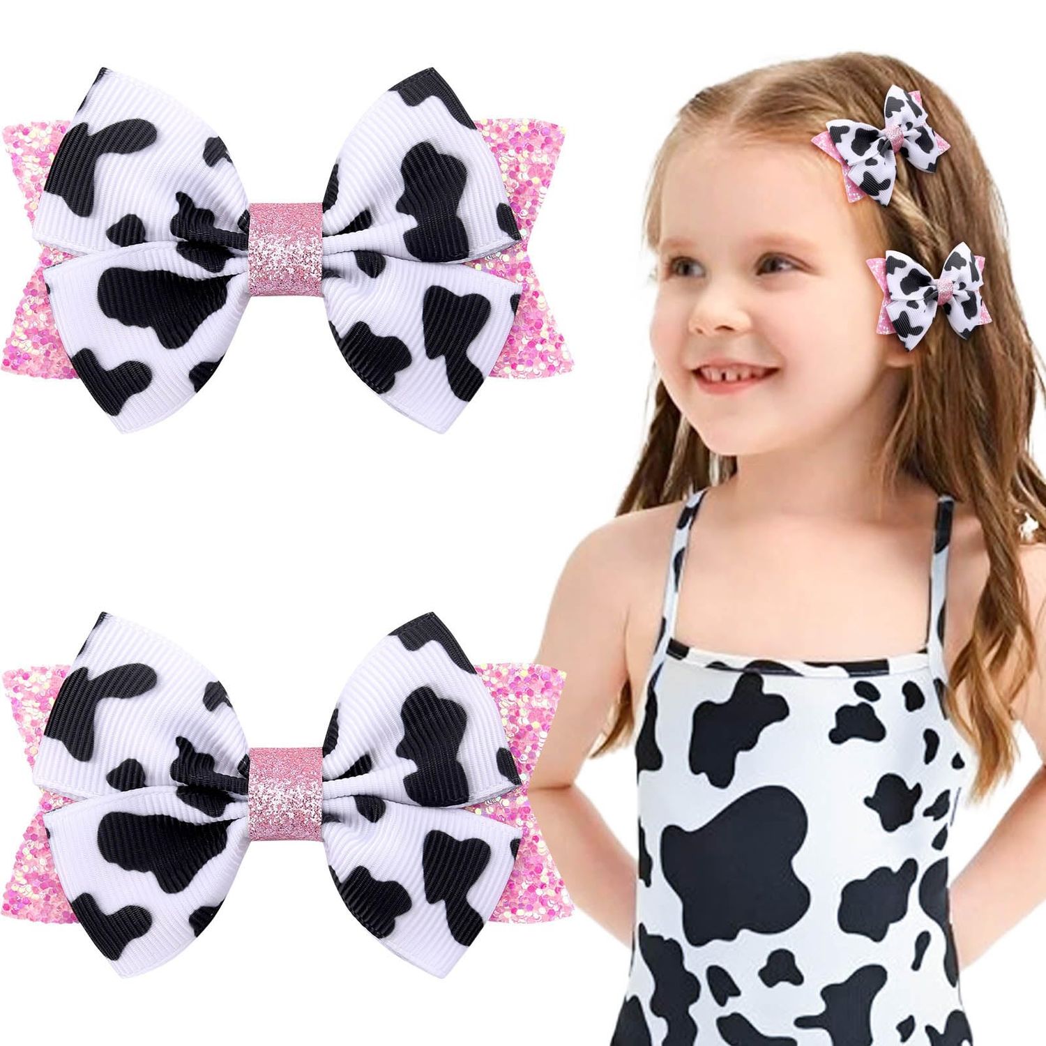 2PCS Cute Moo Cow Print Hair Bows - Pink Grosgrain Ribbon Alligator Clips for Girls, Women, Toddlers, Infants, and Kids&#39; Birthday Party Decor (Type A)