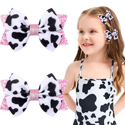 2PCS Cute Moo Cow Print Hair Bows - Pink Grosgrain Ribbon Alligator Clips for Girls, Women, Toddlers, Infants, and Kids&#39; Birthday Party Decor (Type A)