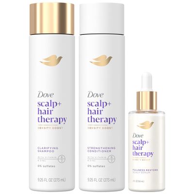Dove Scalp + Hair Therapy Set - Clarifying Shampoo, Strengthening Conditioner + Fullness Restore Scalp Serum for Volumizing &amp; Reviving Fine Hair (3 Piece Set)