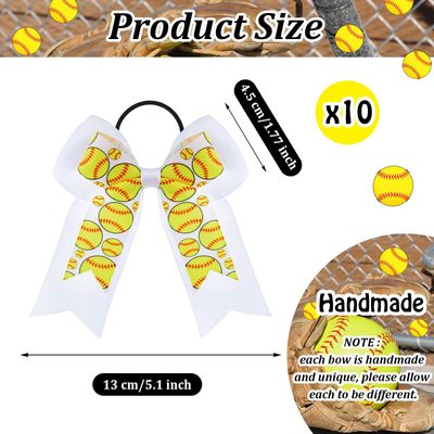 MTLEE Hair Bows for Girls, 10 Pcs Baseball Softball Hair Scrunchies with Double Layers Bows and White Ribbon, Sports Accessories for Cheer Ponytail Holder, Yellow