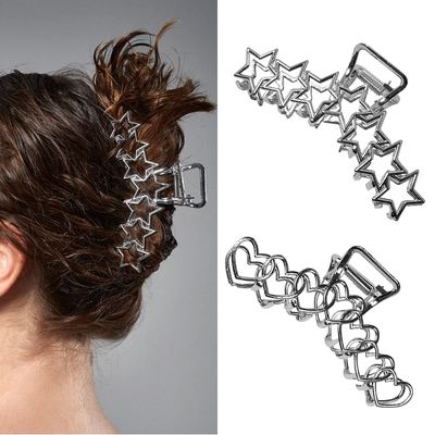 VOTACOS 2PCS Y2k Metal Hair Claw Clips Star Heart Hair Clips for Women Big Nonslip Design Claw Hair Clips for Thick and Thin Hair Stitching Silver Large Hair Accessories for Women and Girls.
