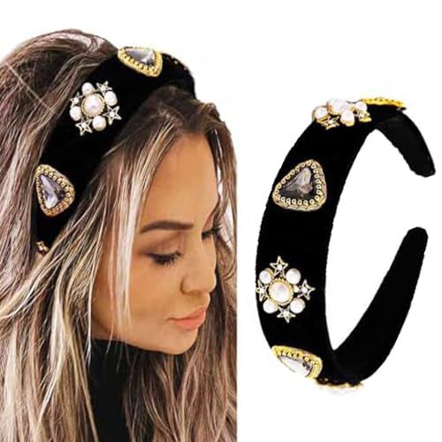 Coridy Black Baroque Headbands Pearl Rhinestones Wide Headband Velvet Jeweled Hair accessories for Women (Elegant)