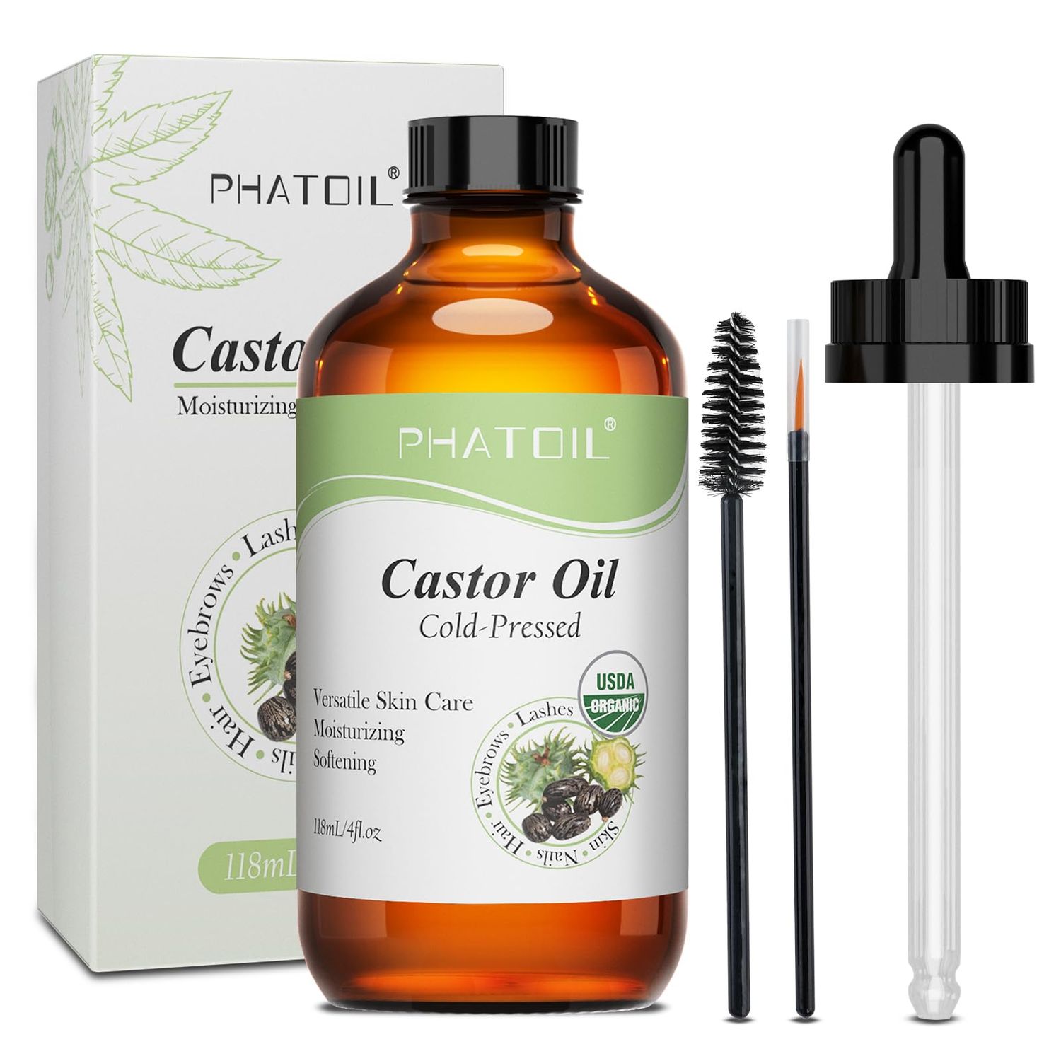 PHATOIL Organic Cold Pressed Castor Oil, 118 ml (4 fl.oz) Glass Bottle, USDA Certified Organic, Rich in Omega Fatty Acids, Ideal for Hair Growth, Eyebrows, Lashes, and Skin Care