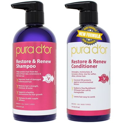 PURA D&#39;OR Restore &amp; Renew Shampoo and Conditioner Set for Strong, Healthy, and Nourished Hair with Organic Aloe Vera, Rosemary, Sea Buckthorn, Cacay, Coconut, Seaberry &amp; Cedarwood