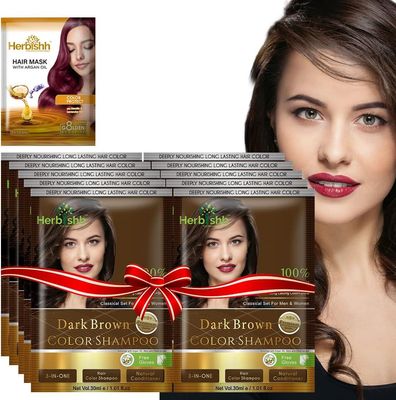 Herbishh Natural Hair Color Shampoo for Gray Hair - Argan Hair Mask, Travel Size, Long-Lasting Color, Ammonia-Free, 10 Pack + 1 Pack (Dark Brown)