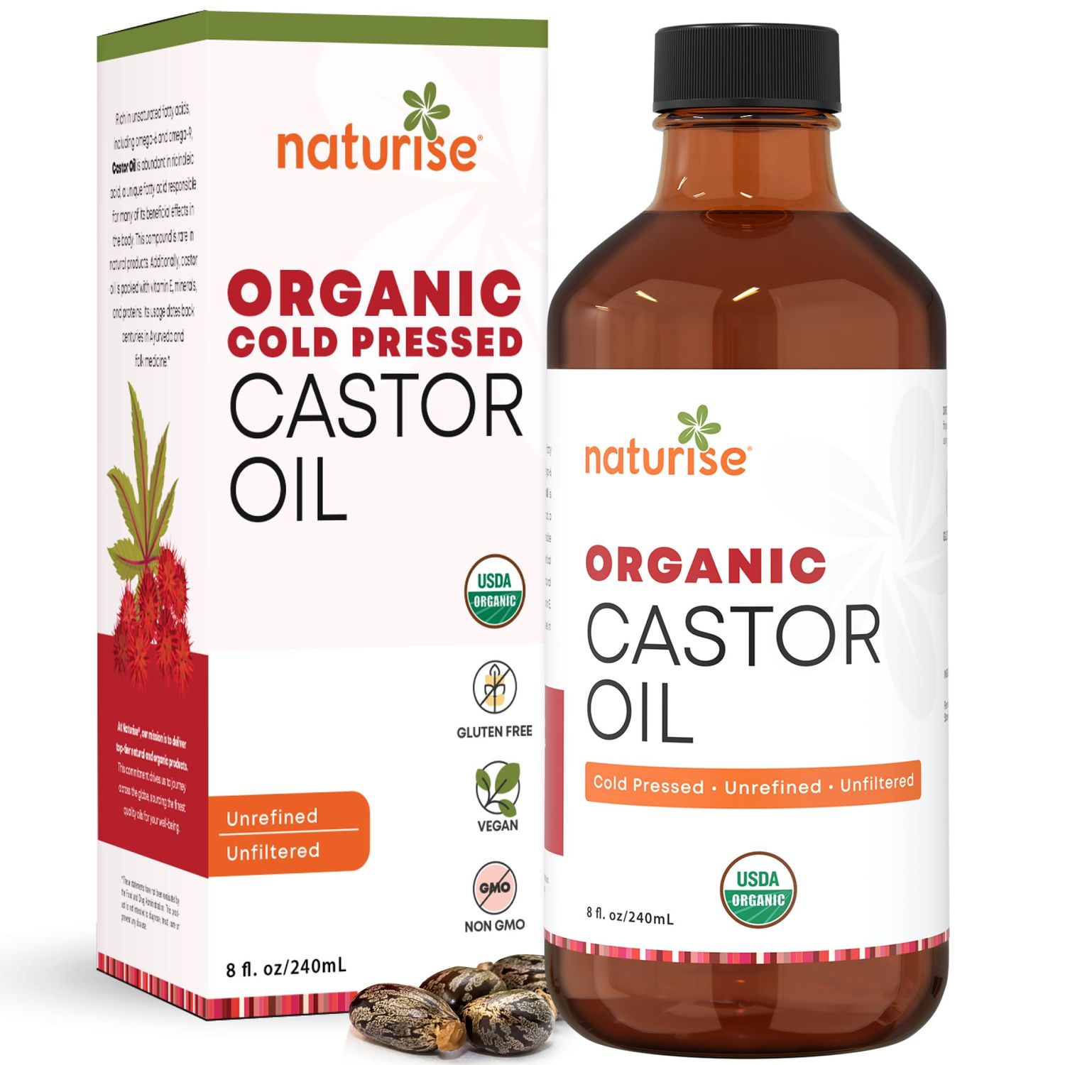 Naturise Organic Castor Oil - Organic Cold Pressed Unrefined - Vegan Non GMO Unfiltered Castor Oil Cold Pressed - Support for Eyelash, Eyebrows, Hair Growth, Skin and Face (8 Fl Oz (Pack of 1))