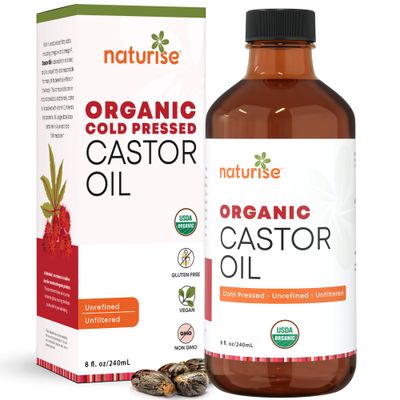 Naturise Organic Castor Oil - Organic Cold Pressed Unrefined - Vegan Non GMO Unfiltered Castor Oil Cold Pressed - Support for Eyelash, Eyebrows, Hair Growth, Skin and Face (8 Fl Oz (Pack of 1))
