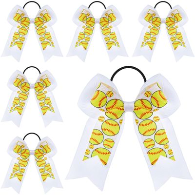 MTLEE Hair Bows for Girls, 10 Pcs Baseball Softball Hair Scrunchies with Double Layers Bows and White Ribbon, Sports Accessories for Cheer Ponytail Holder, Yellow