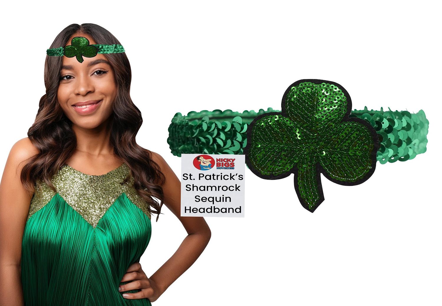 Nicky Bigs Novelties Womens St. Patricks Day Shamrock Headband Sequin Clover Glitter Elastic Hairband Costume Accessory, Adjustable, Green