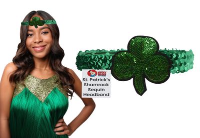 Nicky Bigs Novelties Womens St. Patricks Day Shamrock Headband Sequin Clover Glitter Elastic Hairband Costume Accessory, Adjustable, Green