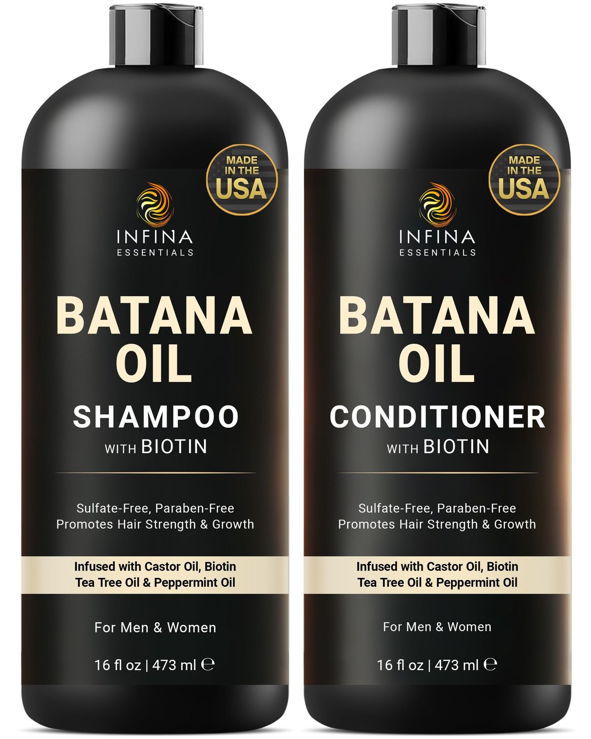 INFINA ESSENTIALS Batana Oil Shampoo and Conditioner Set - Biotin &amp; Tea Tree Oil for Hair Growth &amp; Thickness - Moisturizing &amp; Nourishing Shampoo for Thinning Hair for Men &amp; Women - 16 fl oz Each